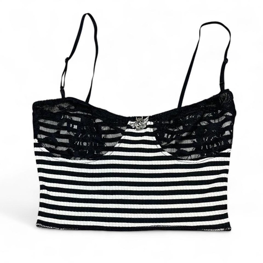 Black and white striped lace crop top with silver angel pendant